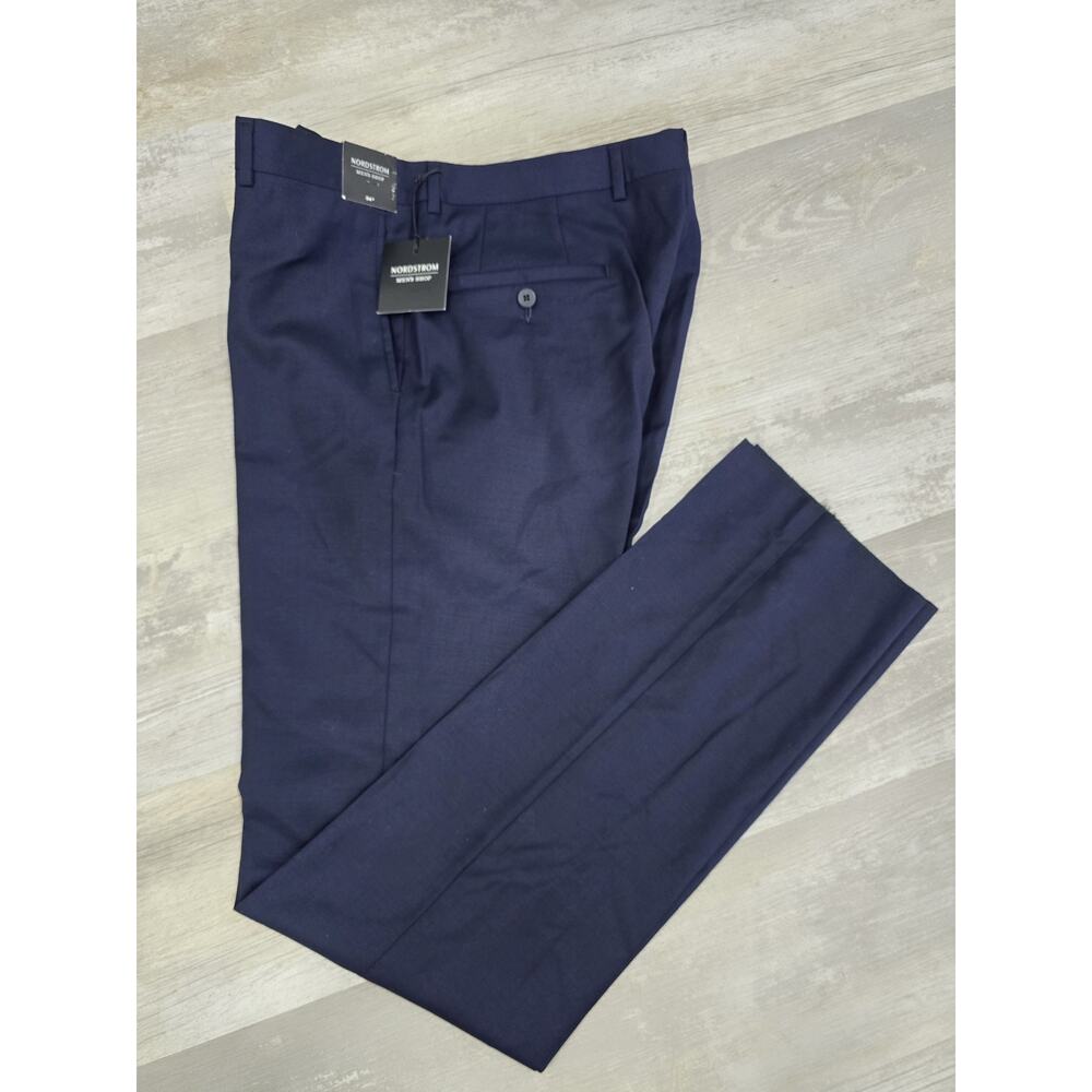 John W Nordstrom Men's 100% Wool Dress Pants 34 Waist Navy Blue Unhemmed NWT